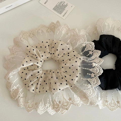 Coletero de Encaje con Lunares Retro Francés Dulce Goma de Pelo de Tela Extragrande para Mujer Diseño de Nicho Accesorios Elegantes