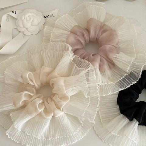 Oversized Satin Mesh Scrunchie For Women Korean Style Pleated Lace Ruffle Hair Tie Elastic Hair Band Hair Accessories