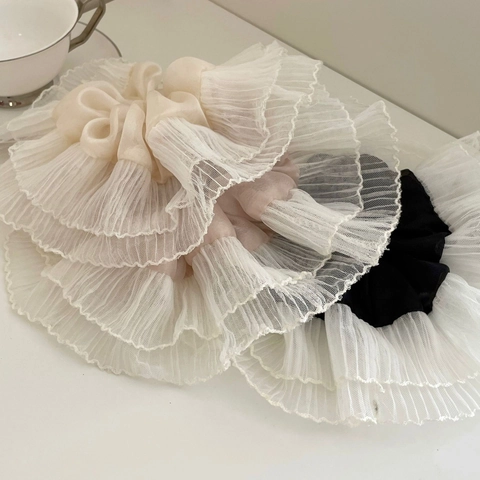 Oversized Satin Mesh Scrunchie For Women Korean Style Pleated Lace Ruffle Hair Tie Elastic Hair Band Hair Accessories