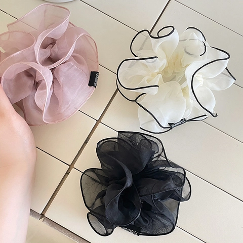 French Style Organza Hair Scrunchies Large Pleated Mesh Hair Ties For Women Elegant Solid Color Elastic Hair Rope Accessories