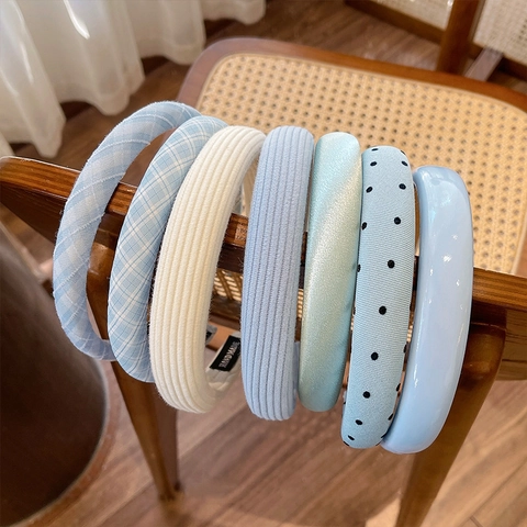 Damen Gepolstertes Stirnband Hellblau Weiß Stoff Punktmuster Karo Streifen Schwamm Haarband High Top Styling Kopfschmuck