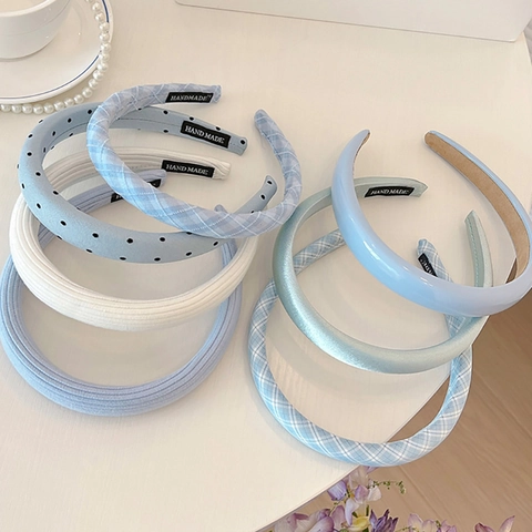 Damen Gepolstertes Stirnband Hellblau Weiß Stoff Punktmuster Karo Streifen Schwamm Haarband High Top Styling Kopfschmuck