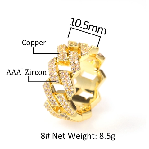 Hip Hop Cuban Link Ring Copper Iced Out Zircon Geometric Heavy Industrial Streetwear Jewelry For Men Gold Silver