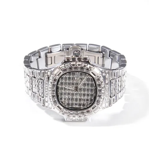 Luxury Men's Iced Out Quartz Watch Full Rhinestone Square Dial Wristwatch With Date Calendar Hip Hop Fashion Jewelry For Men