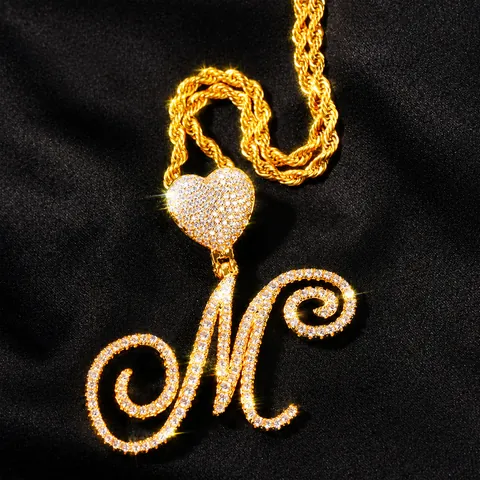 Hip Hop Iced Out Initial Letter Pendant Necklace For Men Women Copper Zirconia Heart Clasp Gold Silver Rope Chain Jewelry