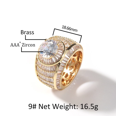 Lussuoso Anello Hip Hop Iced Out in Rame con Zirconia per Uomo Donna Bling Geometrico Tondo Pietra Grande Gioielli