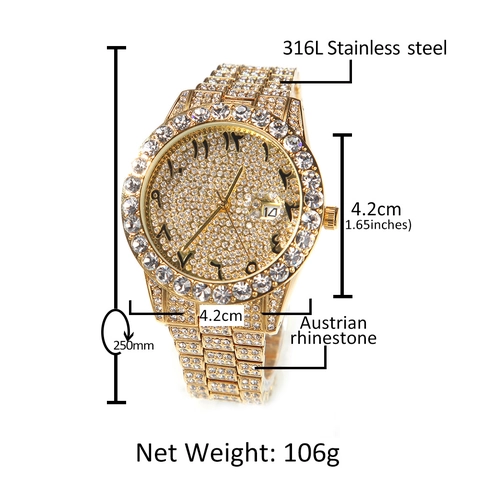 Luxus Iced Out Strass Quarzuhr Unisex Arabische Ziffern Zifferblatt Datum Mode Gold Silber Edelstahl Armbanduhr