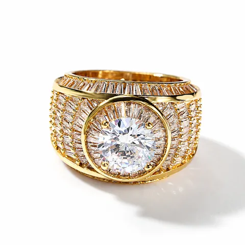 Lussuoso Anello Hip Hop Iced Out in Rame con Zirconia per Uomo Donna Bling Geometrico Tondo Pietra Grande Gioielli