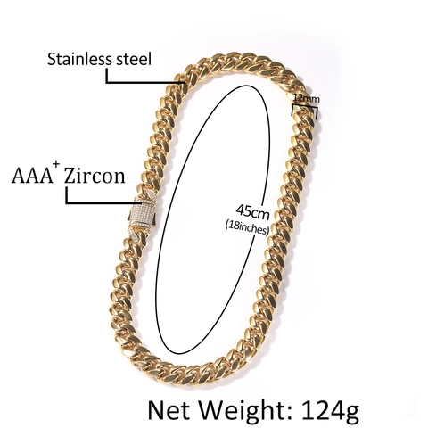 Collana Bracciale Maglia Cubana in Acciaio Inossidabile 12mm Hip Hop Per Uomo Donna Con Chiusura a Molla in Zirconia Gioielli