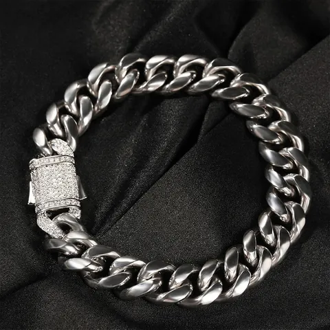 Collana Bracciale Maglia Cubana in Acciaio Inossidabile 12mm Hip Hop Per Uomo Donna Con Chiusura a Molla in Zirconia Gioielli