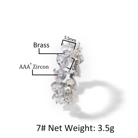 Hip Hop Heart Shaped Zirconia Brass Eternity Ring Men Women Gold Silver Plated Personalized Fashion Jewelry Finger Ring