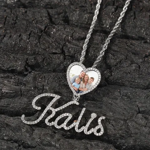 Collana Personalizzata con Nome in Rame Zirconia Hip Hop Con Ciondolo Cornice Foto Cuore Catena a Corda in Acciaio Inossidabile Gioielli Unisex