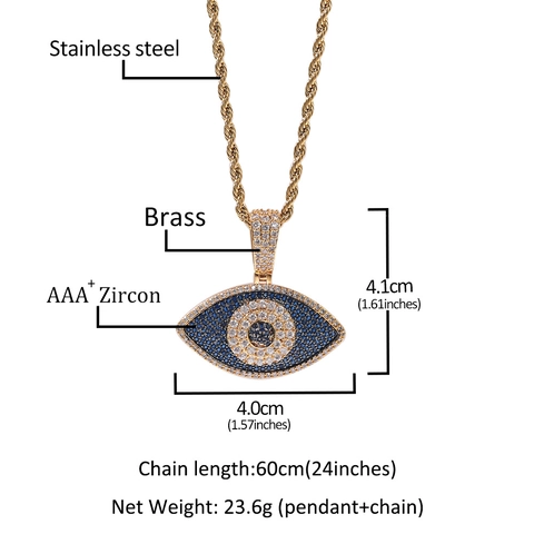 Hip-Hop-Halskette mit Evil-Eye-Anhänger aus Kupfer mit Zirkonia in Blau und Weiß Edelstahl-Seilkette für Unisex-Schmuck
