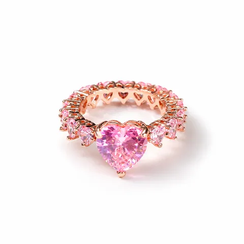 Bague en Cuivre avec Zircon en Forme de Coeur Romantique pour Femme Pierre Rose Blanche Style Hip Hop Bijoux Cadeau