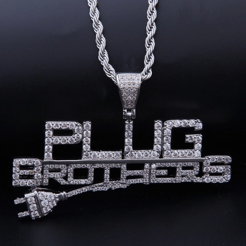 Collar con Colgante Alphabet Plug Brothers Hip Hop Iced Out Cobre Circonita Bañado en Oro 14K Cadena de Cuerda de Acero