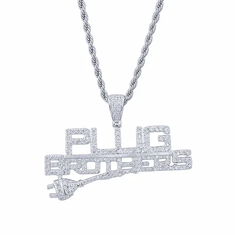 Collar con Colgante Alphabet Plug Brothers Hip Hop Iced Out Cobre Circonita Bañado en Oro 14K Cadena de Cuerda de Acero