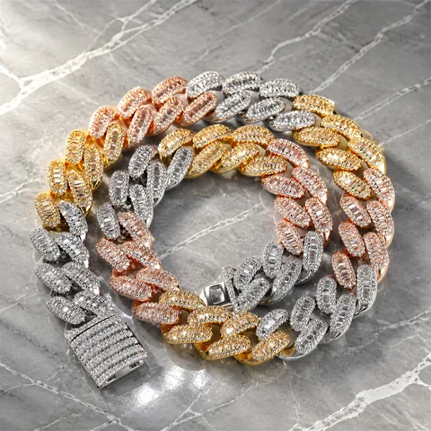 Collana Hip Hop Uomo in Ottone Maglia Cubana Iced Out Zirconia a Baguette Placcato Oro Argento Oro Rosa Gioielli