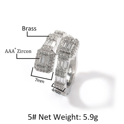 Bague Hip Hop Géométrique Double Couche Pour Hommes Femmes Plaqué Or 18K Cuivre Zircone Baguette Bague Statement