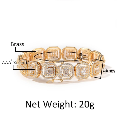 Bracciale Hip Hop Iced Out a Maglia Ottagonale Rame Strass Cavo Geometrico Gioielleria di Moda per Uomo Donna Oro Argento