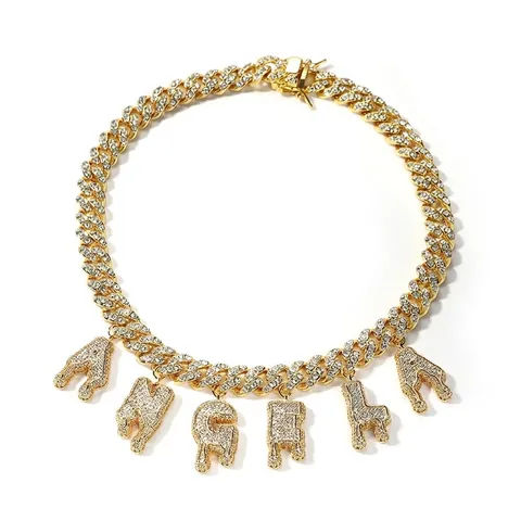 Hip Hop Iced Out Alphabet Drip Pendant Necklace Gold Silver Plated Alloy Rhinestone Cuban Link Chain For Women Men Jewelry
