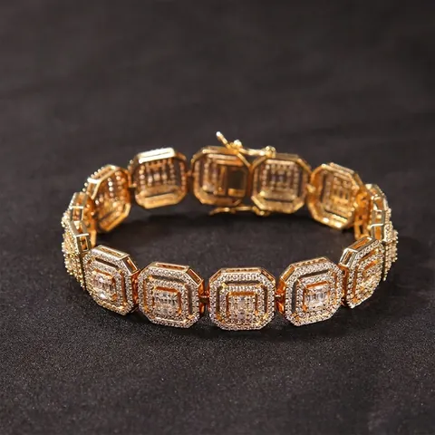 Bracciale Hip Hop Iced Out a Maglia Ottagonale Rame Strass Cavo Geometrico Gioielleria di Moda per Uomo Donna Oro Argento
