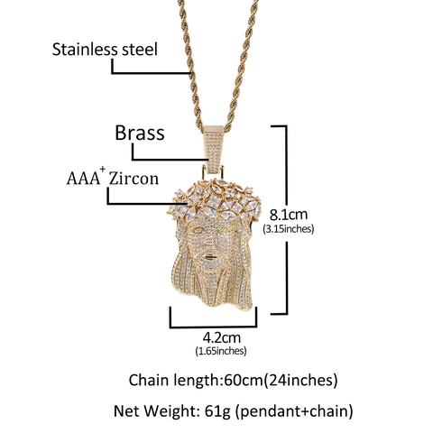 Collana con Ciondolo Testa di Gesù Hip Hop in Rame con Zirconia Oro Argento Gioielli Streetwear da Uomo