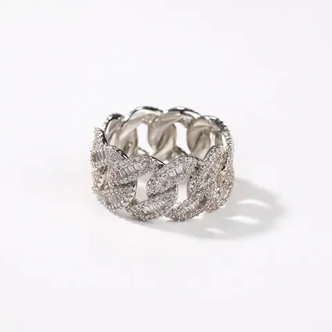 Bague Chaîne Cubaine Hip Hop Cuivre Iced Out Baguette Zirconia Mode Forme de Lune Streetwear pour Hommes Femmes Or Argent Bijoux