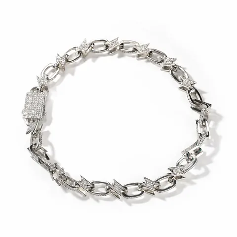 Collana a Fulmine da Uomo Hip Hop in Rame con Zirconia Intarsiata Iced Out Streetwear Ciondolo Catena Metallica Lucida Gioielli