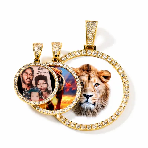 Hip Hop Round Photo Medallion Pendant Necklace Crown Men Women Gold Silver Rose Gold Plated Copper Zirconia Rope Chain Jewelry