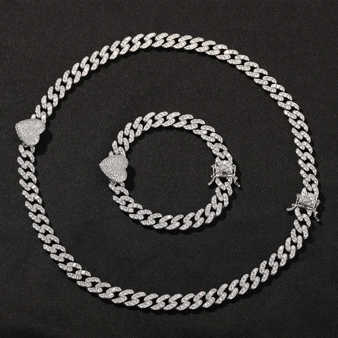 Collana e Bracciale Hip Hop Iced Out con Ciondolo a Cuore Catena a Maglia Cubana Gioielli in Rame Strass per Uomo Trendy Oro Argento Oro Rosa
