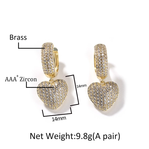 Hip Hop Heart Drop Earrings Brass With AAA Zircon Iced Out Luxury Pave Micro Setting Copper Earring For Men Women Gift