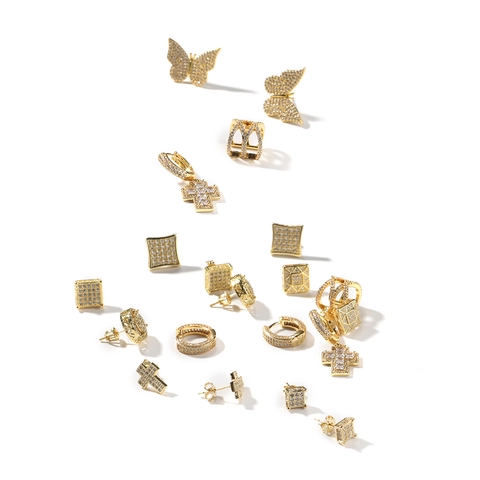 Hip-Hop Kupfer Zirkonia Ohrstecker Für Herren Damen Geometrisch Quadrat Schmetterling Kreuz Iced Out Punk Schmuck Ohrmanschette