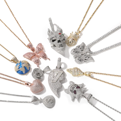Hip Hop Iced Out Hanger Halsketting Zirconia Koper Roestvrij Staal Ketting Vlinder Aarde Schedel Leeuw Hart Sieraden