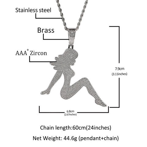 Hip Hop Sexy Weibliche Silhouette Anhänger Halskette Iced Out Zirkon Messing Schmuck Mädchen Pin-up Stil Mit Kordelkette