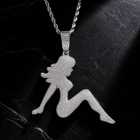 Hip Hop Sexy Weibliche Silhouette Anhänger Halskette Iced Out Zirkon Messing Schmuck Mädchen Pin-up Stil Mit Kordelkette