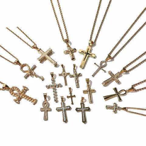 Stainless Steel Hip Hop Cross Pendant Necklace Gold Plated Rhinestone Ankh Jesus Crucifix Religious Jewelry For Men Women Daily Streetwear Party