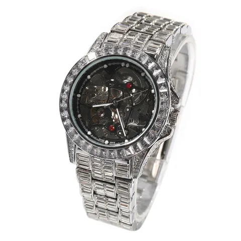 Men Luxury Hip Hop Iced Out Skeleton Automatic Mechanical Watch Rhinestone Baguette Inlaid Stainless Steel Wristwatch