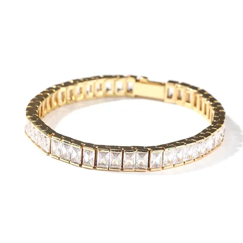 Bracciale Tennis Hip Hop con Zirconi Rettangolari in Rame Placcato Oro Argento Gioielli Geometrici per Uomo Donna