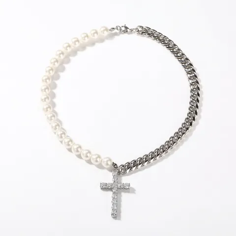 Hip Hop Roestvrij Staal Cubaanse Schakelketting Kunstparel Halsketting Met Strass Kruis Hanger Vrouwen Mannen Mode Sieraden