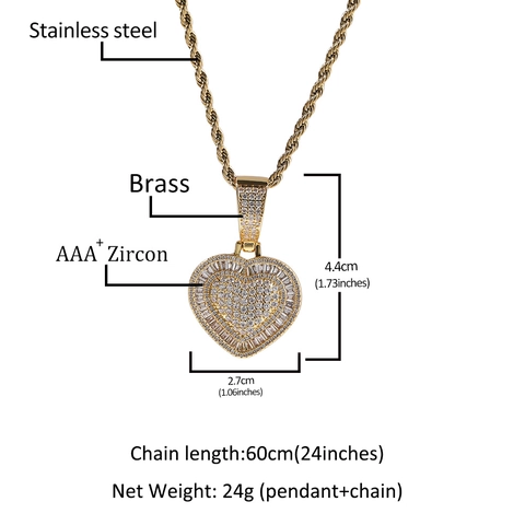 Collana con Pendente a Cuore Hiphop Iced Out in Ottone con Zirconia Intarsiata Gioielli a Forma di Cuore Regalo per Uomo Donna Oro Argento