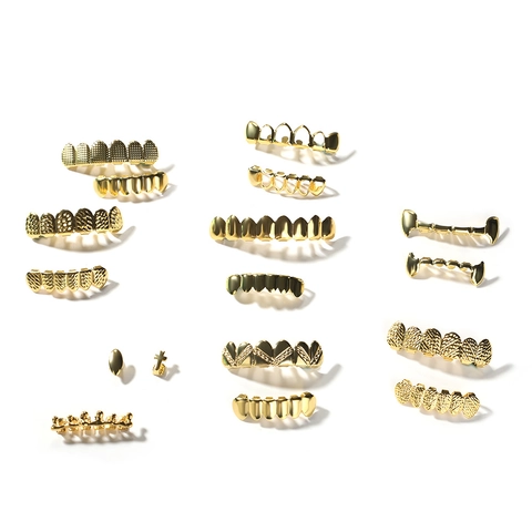 Hip Hop Gold Plated Alloy Teeth Grillz Set For Men Women Mouth Jewelry Smooth Surface Rhinestone Decorative Accessories