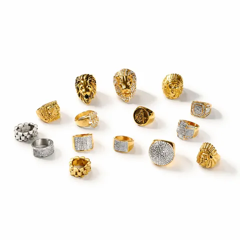 Anello Hip Hop da Uomo in Acciaio Inossidabile Vintage con Strass Testa di Leone Capo Indiano Dollaro Croce Gioielli