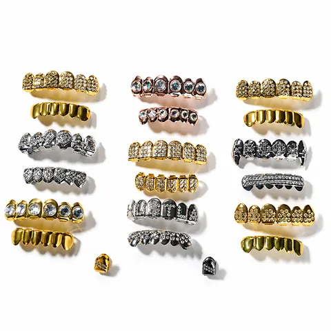 Hip Hop Teeth Grillz Set Men Women Gold Silver Plated Copper Rhinestone HUSTLA Cross Poker Design Dental Grills Jewelry