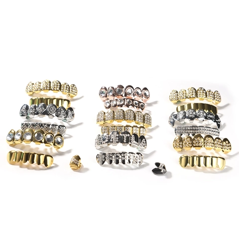 Hip Hop Teeth Grillz Set Men Women Gold Silver Plated Copper Rhinestone HUSTLA Cross Poker Design Dental Grills Jewelry