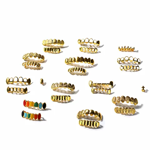 Hip Hop Gold Plated Alloy Teeth Grillz Set For Men Women Mouth Jewelry Smooth Surface Rhinestone Decorative Accessories