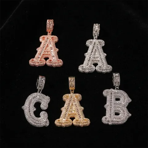 Hip Hop Iced Out Alphabet Pendant Necklace For Men Women Gold Silver Rose Gold Brass Zirconia Rope Chain Jewelry