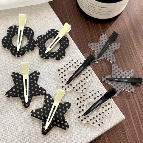 Pinces à Cheveux à Pois Étoile Fleur Papillon Pelle Noir et Blanc Pinces à Bec de Canard en Résine Acrylique Accessoires Femme