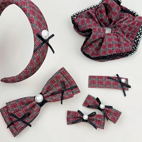 Conjunto de Pinzas para el Cabello de Lazo a Cuadros Rojo y Verde Vintage Perla Artificial Diadema Scrunchie Estilo Británico