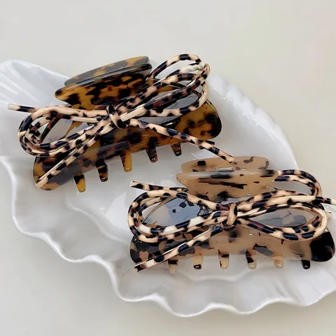 French Vintage Leopard Acetate Hair Claw Clip With PU Leather Bowknot Retro Tortoiseshell Shark Clip For Women Hair Jewelry