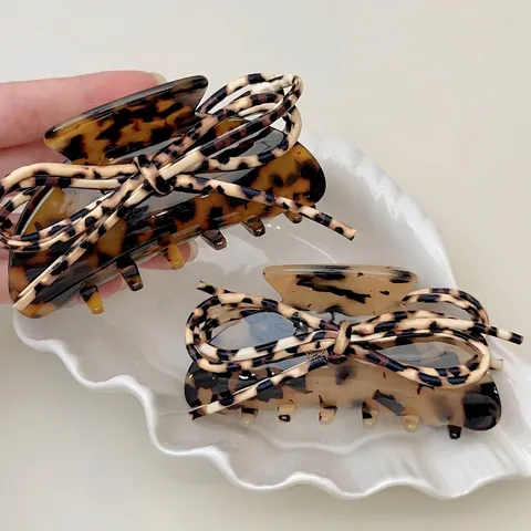 French Vintage Leopard Acetate Hair Claw Clip With PU Leather Bowknot Retro Tortoiseshell Shark Clip For Women Hair Jewelry
